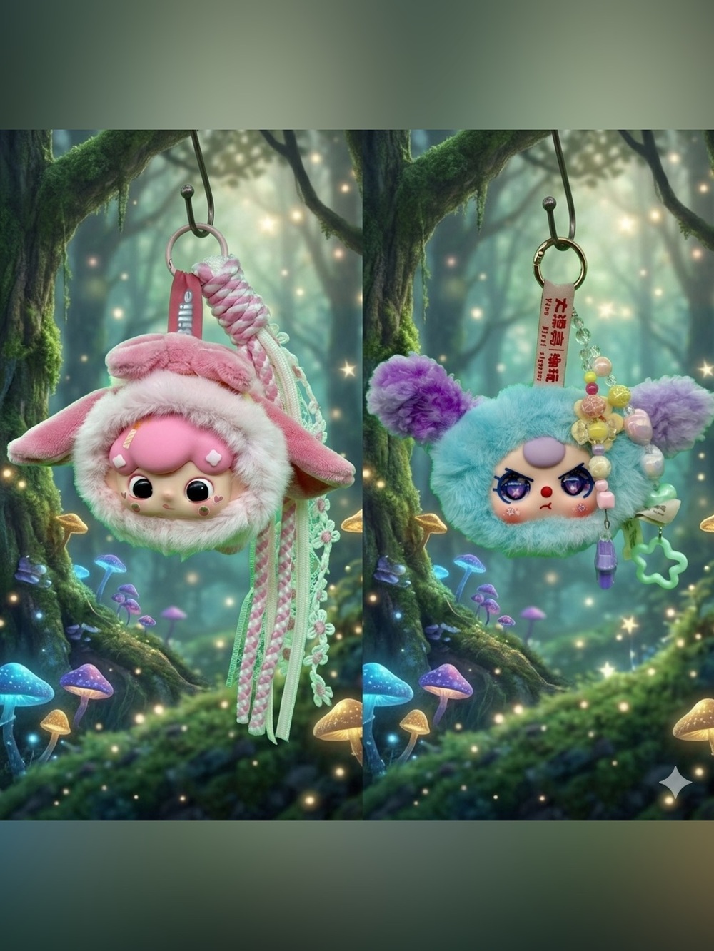 Cute Baby theee Plush Character Keychains in Pink & Aqua